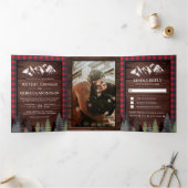 Rustic Wood Red Buffalo Pset Mountain Wedding Drieluik Uitnodiging (Binnen)