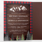 Rustic Wood Red Buffalo Pset Mountain Wedding Drieluik Uitnodiging (Binnenzijde eerst)