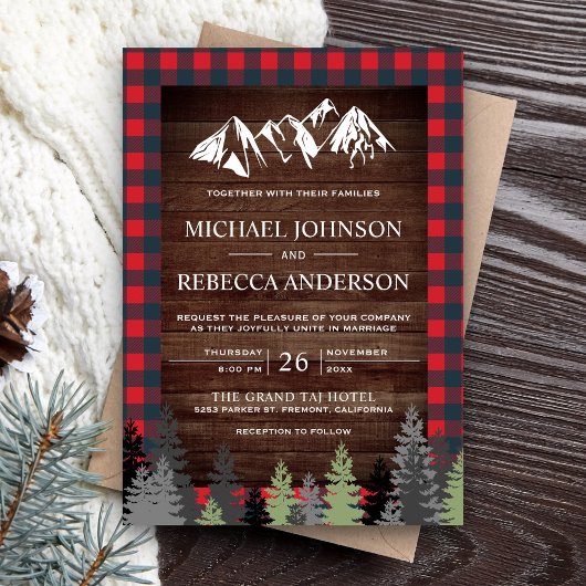 Rustic Wood Red Buffalo Pset Mountain Wedding Kaart