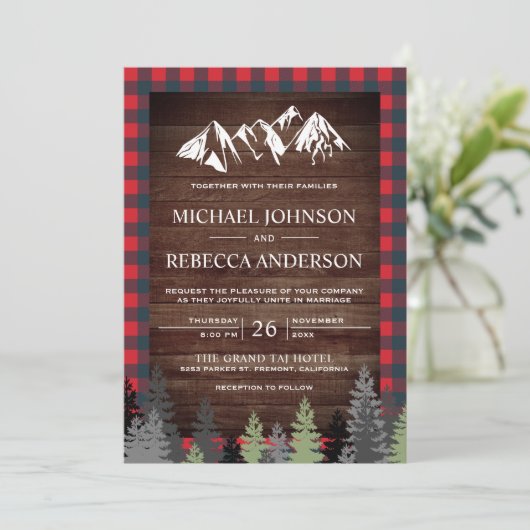 Rustic Wood Red Buffalo Pset Mountain Wedding Kaart (Staand voorkant)