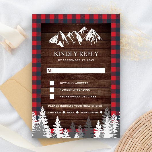Rustic Wood Red Buffalo Pset Mountain Wedding RSVP Kaartje