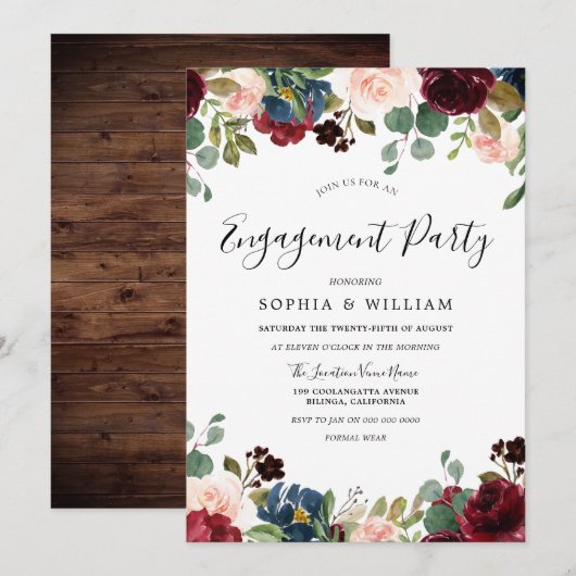 Rustic Wood Red Burgundy Floral Engagement Party Kaart (Voorkant / Achterkant)