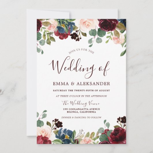Rustic Wood Red Burgundy Floral Wedding Invite Kaart (Voorkant)