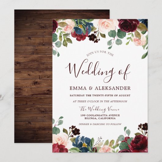 Rustic Wood Red Burgundy Floral Wedding Invite Kaart (Voorkant / Achterkant)