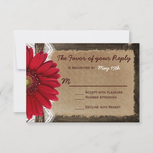 Rustic Wood Red Daisy Country Weddenschap RSVP-kaa RSVP Kaartje (Voorkant)