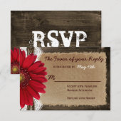 Rustic Wood Red Daisy Country Weddenschap RSVP-kaa RSVP Kaartje (Voorkant / Achterkant)