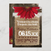 Rustic Wood Red Daisy Country Wedding Invitations Kaart (Voorkant / Achterkant)