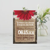 Rustic Wood Red Daisy Country Wedding Invitations Kaart (Staand voorkant)