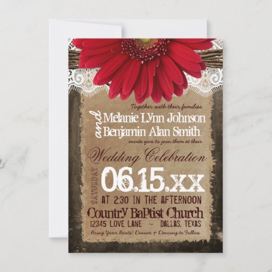 Rustic Wood Red Daisy Country Wedding Invitations Kaart (Voorkant)