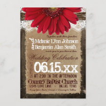 Rustic Wood Red Daisy Country Wedding Invitations