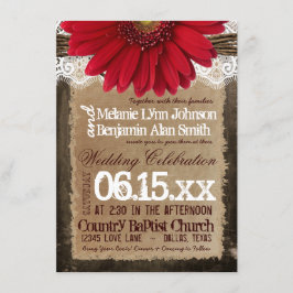 Rustic Wood Red Daisy Country Wedding Invitations Kaart