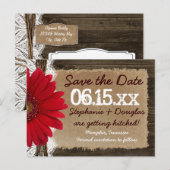 Rustic Wood Red Daisy Save the Date Briefkaarten (Voorkant / Achterkant)