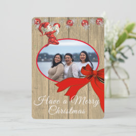 Rustic Wood  Red Elf Foto Merry Kerstmis Feestdagenkaart