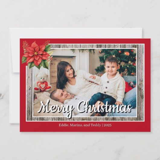 Rustic Wood Red Family 4 Foto Vrolijk Kerstfeest Feestdagenkaart (Voorkant)
