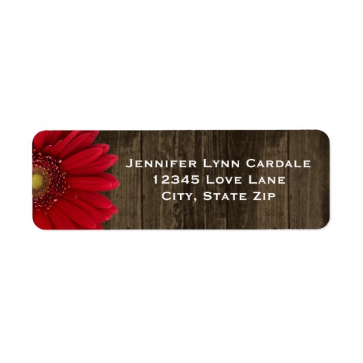 Rustic Wood Red Gerber Daisy Adresetiketten Etiket (Voorkant)