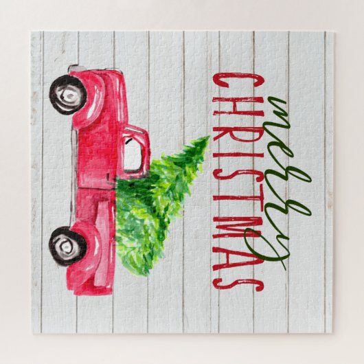 Rustic Wood Red Truck kerstboomfeesten boerderij Legpuzzel (Horizontaal)
