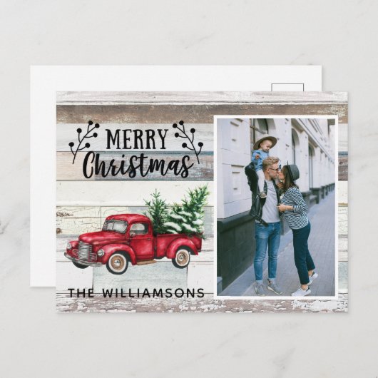 Rustic Wood  Red Truck Photo Script Merry Feestdagenkaart (Voorkant / Achterkant)