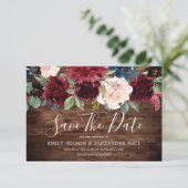 Rustic Wood Red Wine Burgundy Flowers Weddenschap Save The Date (Staand voorkant)