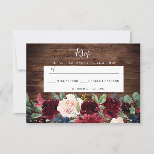 Rustic Wood Red Wine Burgundy Wedding RSVP Kaartje (Voorkant)