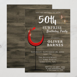 Rustic Wood Red Wine Surprise 50th Birthday Party Kaart