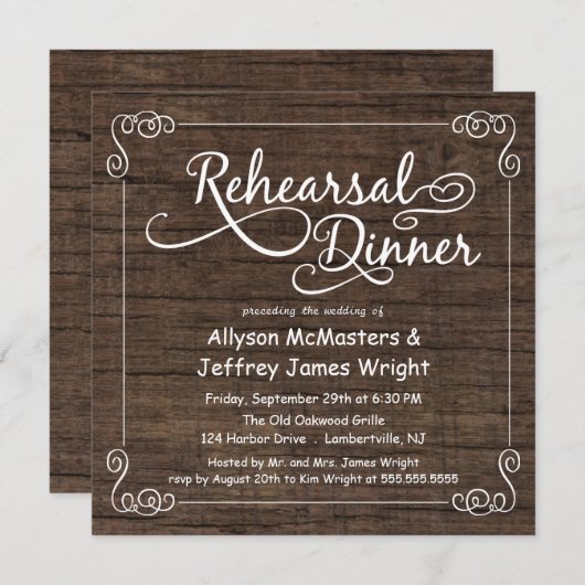 Rustic Wood Rehearsal Dinner Invitations Kaart (Voorkant / Achterkant)