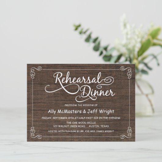 Rustic Wood Rehearsal Dinner Invitations Kaart (Staand voorkant)