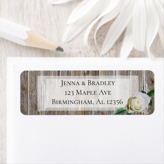 Rustic Wood Return Address Labels White Rose (Insitu)