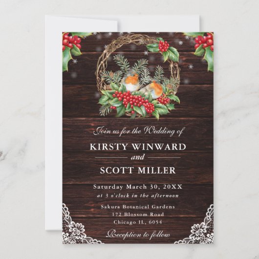 Rustic Wood Robin en Holly Christmas Wedding Kaart (Voorkant)