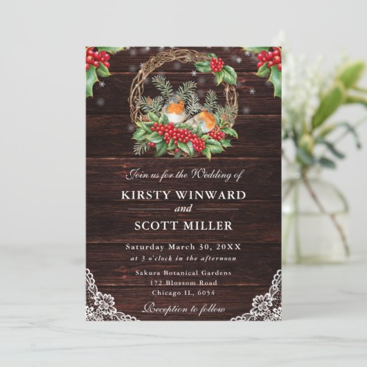 Rustic Wood Robin en Holly Christmas Wedding Kaart (Staand voorkant)