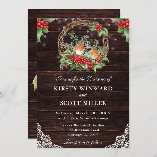 Rustic Wood Robin en Holly Christmas Wedding Kaart (Voorkant / Achterkant)