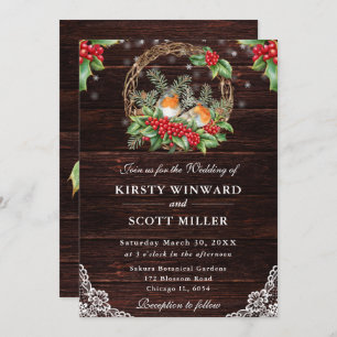Rustic Wood Robin en Holly Christmas Wedding Kaart