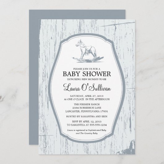 Rustic Wood Rocking Horse Baby shower Kaart (Voorkant / Achterkant)