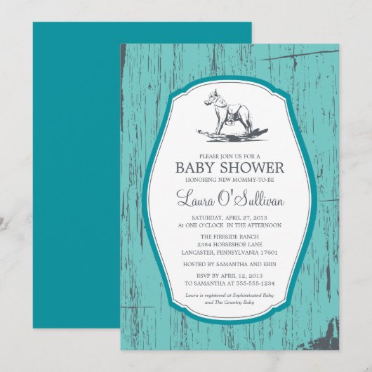 Rustic Wood Rocking Horse Baby shower Kaart (Voorkant / Achterkant)