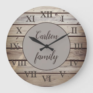 Rustic Wood Roman Numerals Familienaam Aangepast Grote Klok