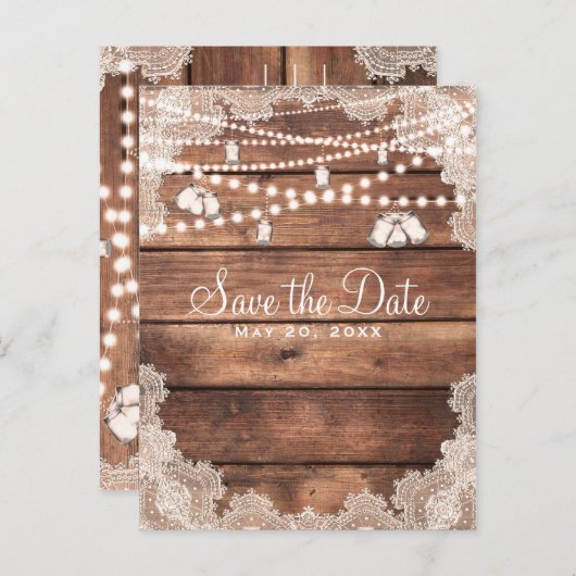 Rustic Wood Romantic Lace Mason Jars Save the Date Aankondigingskaart (Voorkant / Achterkant)