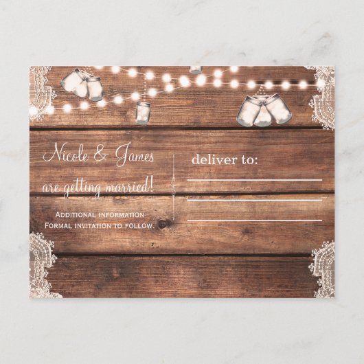 Rustic Wood Romantic Lace Mason Jars Save the Date Aankondigingskaart (Achterkant)