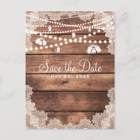 Rustic Wood Romantic Lace Mason Jars Save the Date Aankondigingskaart (Voorkant)