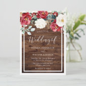 Rustic Wood Romantic Red Floral Wedding Kaart (Staand voorkant)