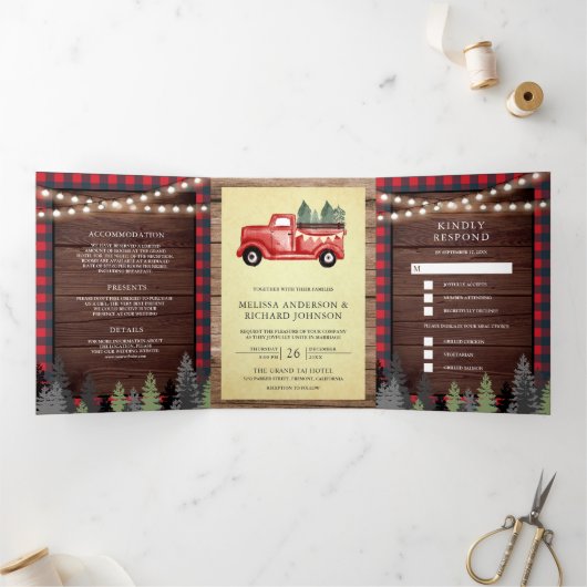 Rustic Wood  Rood kerstfeest bruiloft Drieluik Uitnodiging (Binnen)