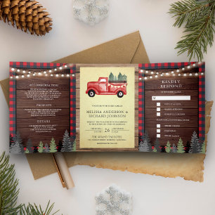 Rustic Wood  Rood kerstfeest bruiloft Drieluik Uitnodiging