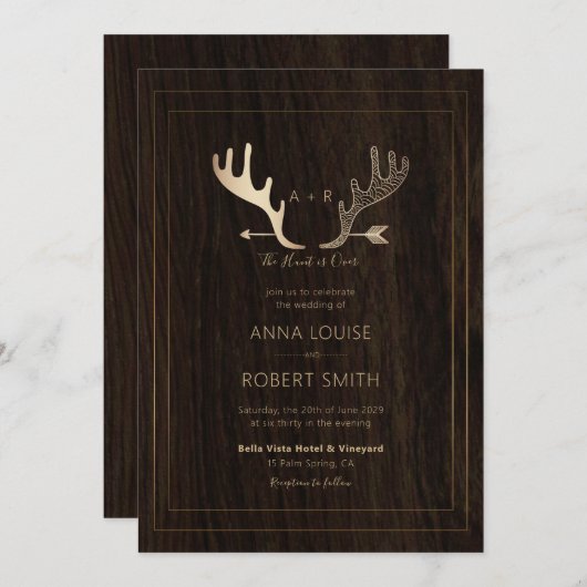 Rustic Wood Roos Gold Antlers Arrow Wedding Kaart (Voorkant / Achterkant)
