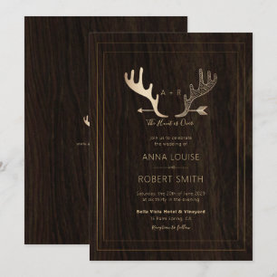Rustic Wood Roos Gold Antlers Arrow Wedding Kaart