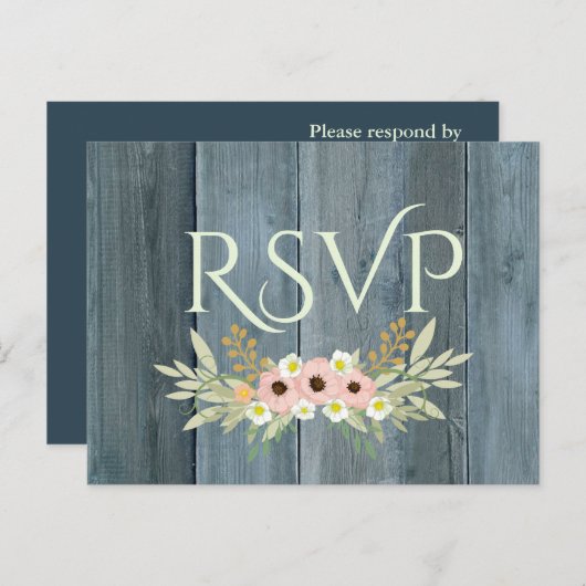 Rustic Wood Roze en Green Floral RSVP Uitnodiging Briefkaart (Voorkant / Achterkant)