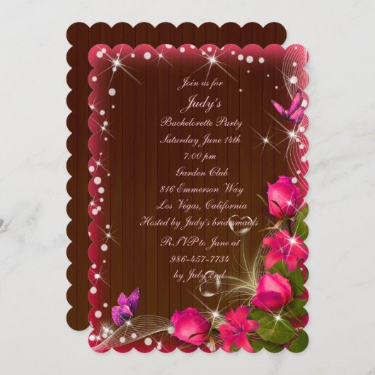 Rustic Wood Roze Floral Butterfly Bachelorette Kaart (Voorkant / Achterkant)