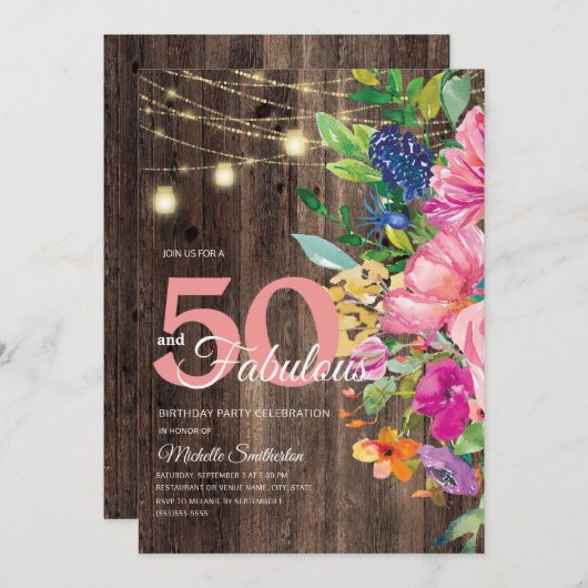 Rustic Wood Roze Floral String Lights 50 Fabulous Kaart (Voorkant / Achterkant)