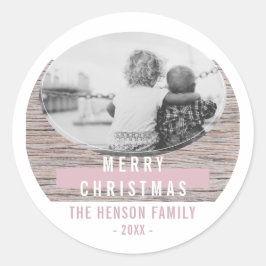 Rustic Wood Roze kerstfamilie Foto Ronde Sticker