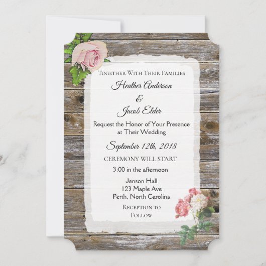 Rustic Wood roze Rose Elegant Wedding Invitation Kaart (Voorkant)