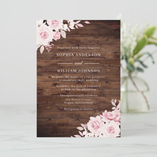 Rustic Wood roze Roses Blush Floral Wedding Kaart (Staand voorkant)
