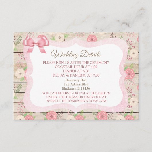 Rustic Wood roze & Tan Floral Wedding Details Card Informatiekaartje (Voorkant)