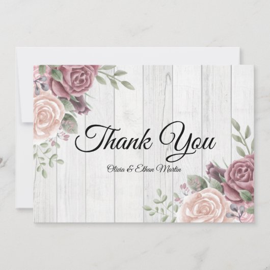 Rustic Wood Roze Waterverf Boho Floral Dank u Bedankkaart (Voorkant)